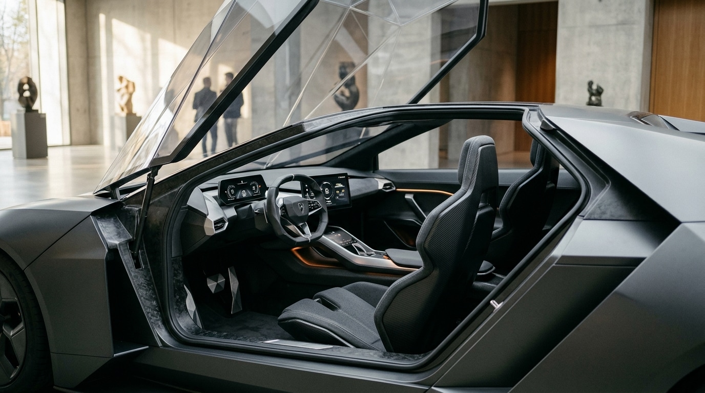 Habitacle minimaliste à deux places d'un concept car anguleux