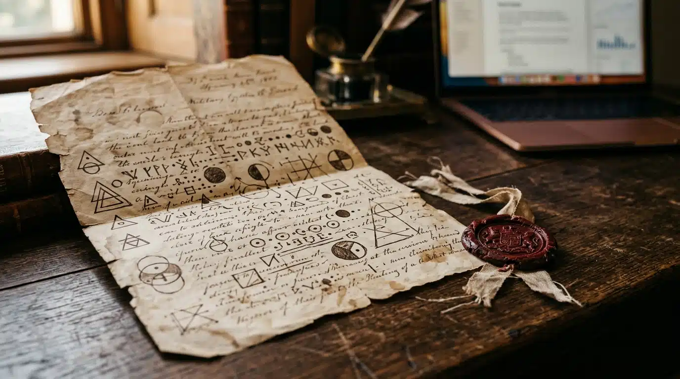 Lettre ancienne couverte de symboles codés sur un bureau