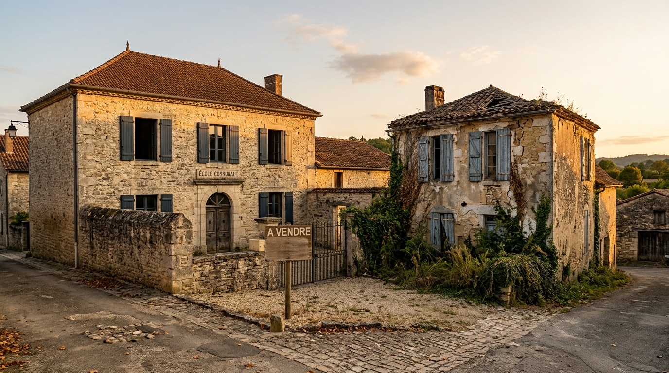 École communale mise en vente à côté d'une maison délabrée