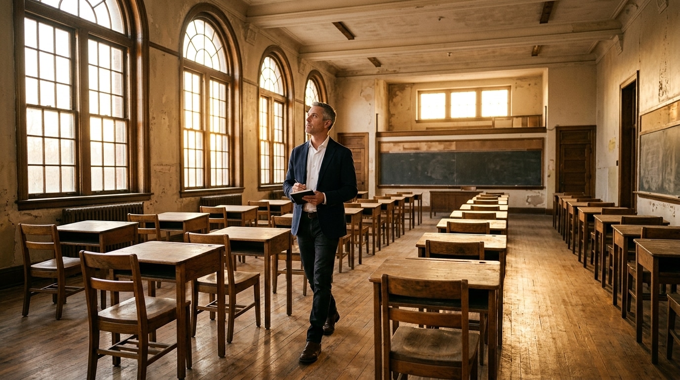 Acheteur visitant une ancienne salle de classe à rénover