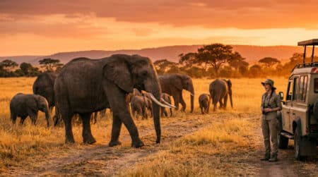 Une matriarche éléphant guide son troupeau dans la savane