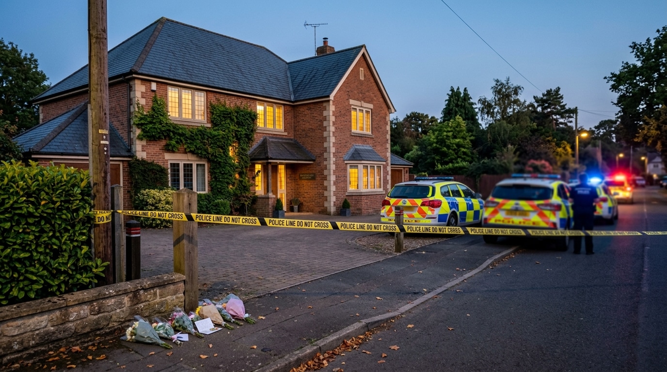 Maison anglaise isolée par un cordon de police, bouquets de fleurs