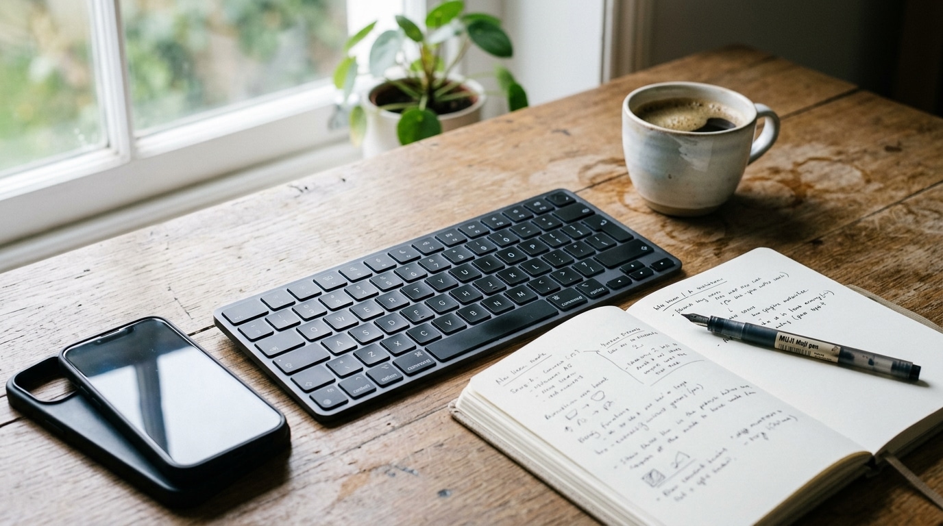 Ordinateur portable, carnet de notes et tasse de café sur un bureau de rédaction