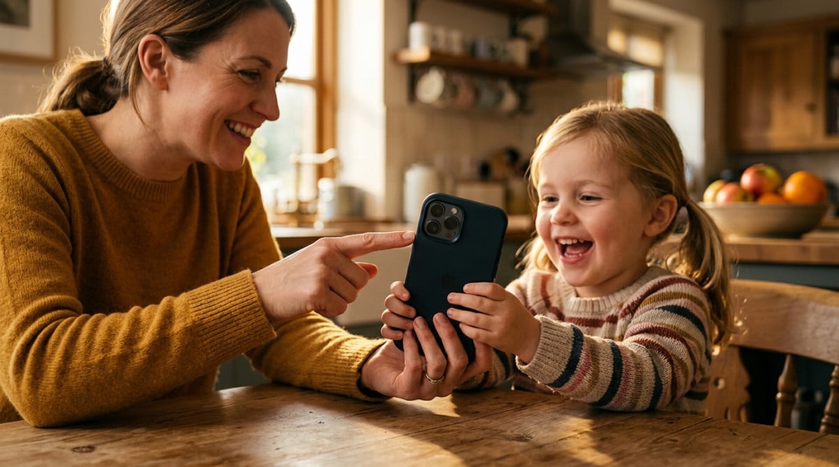 Une mère tend son iPhone à son enfant