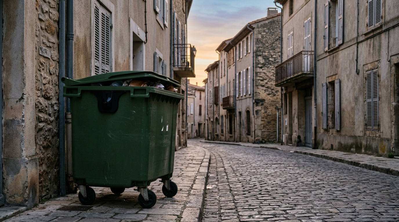 Container à ordures vert dans une rue au petit matin