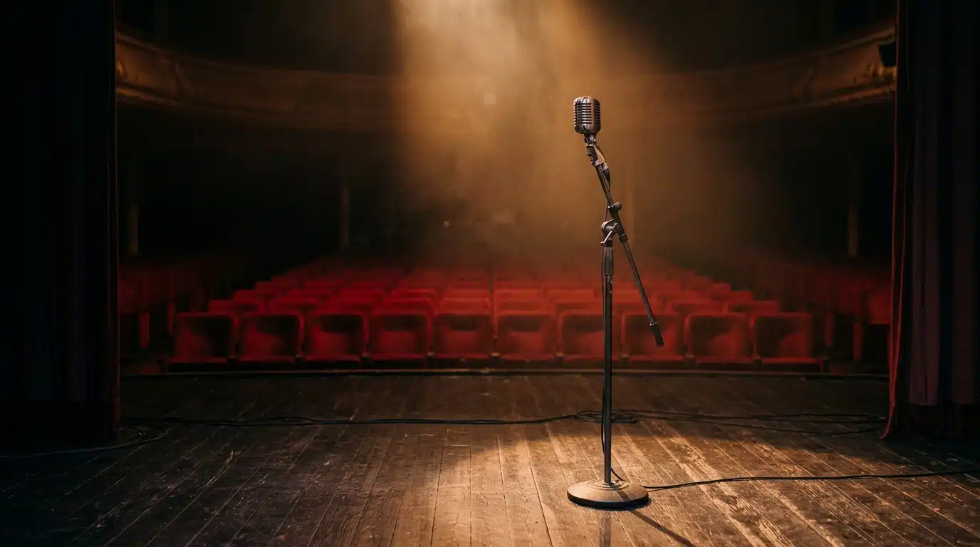 Micro ancien seul sur une scène de concert vide
