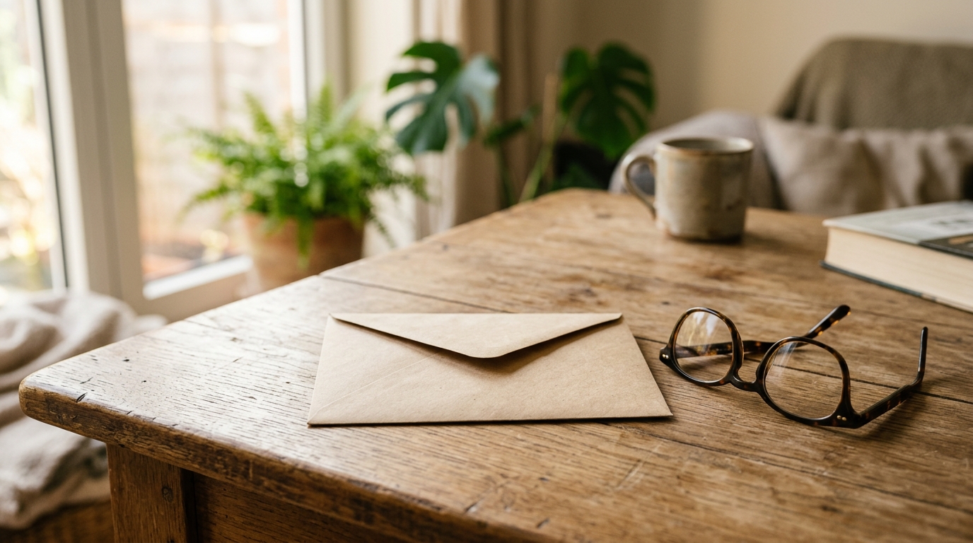 Enveloppe cachetée et lunettes de lecture posées sur une table en bois