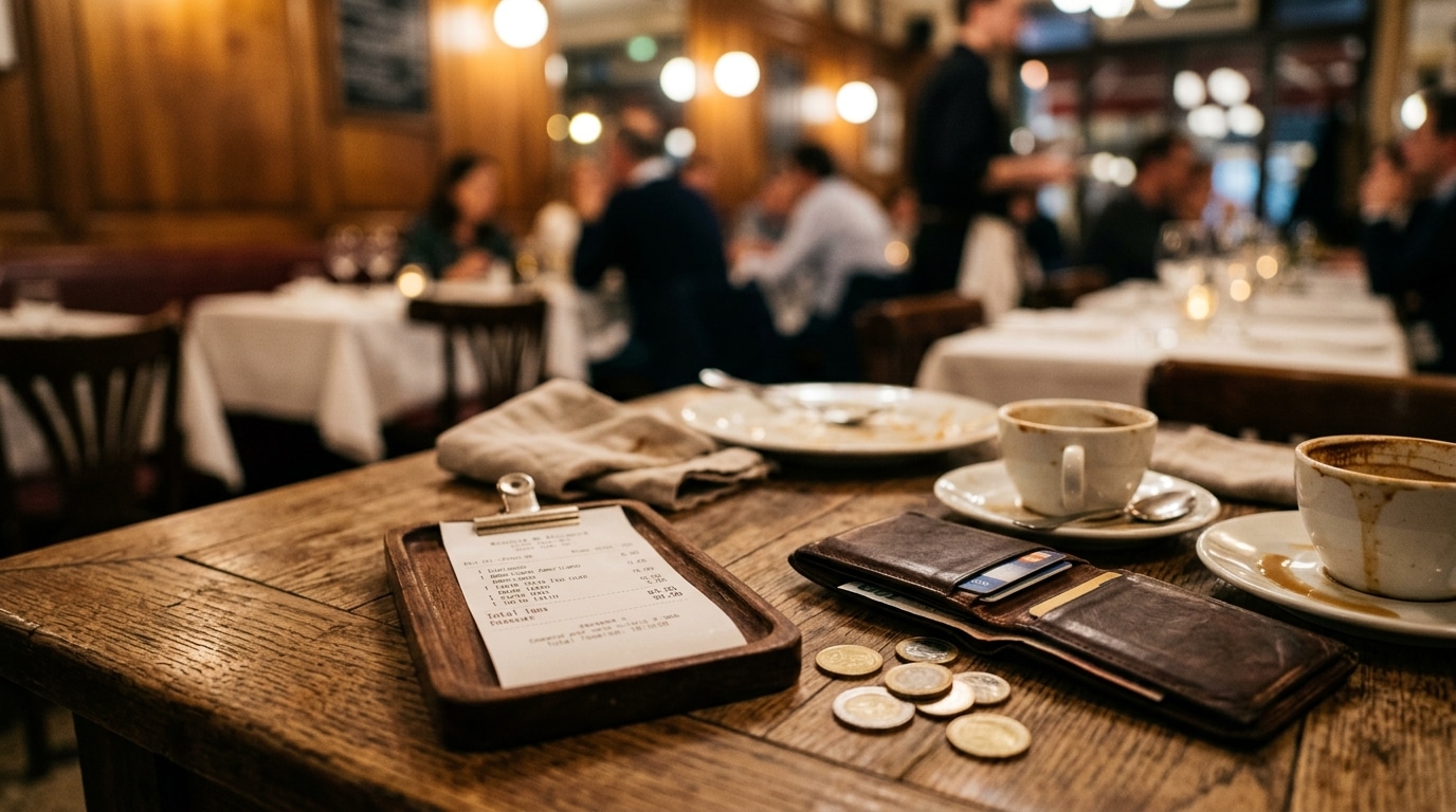 Addition au restaurant avec un portefeuille et quelques pièces posés sur la table