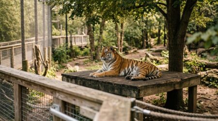 Tigre de Sibérie allongé sur une plateforme en bois