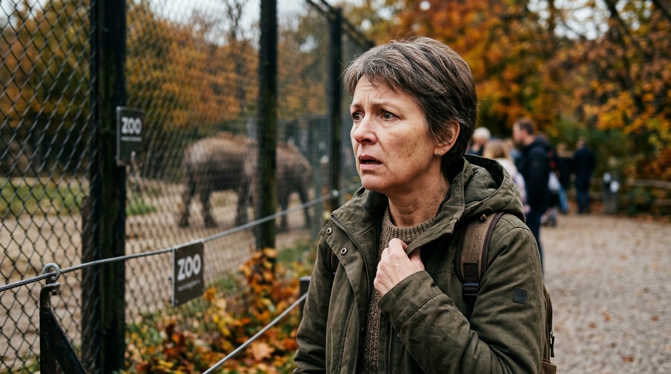 Visiteur de zoo au visage grave près d'une clôture