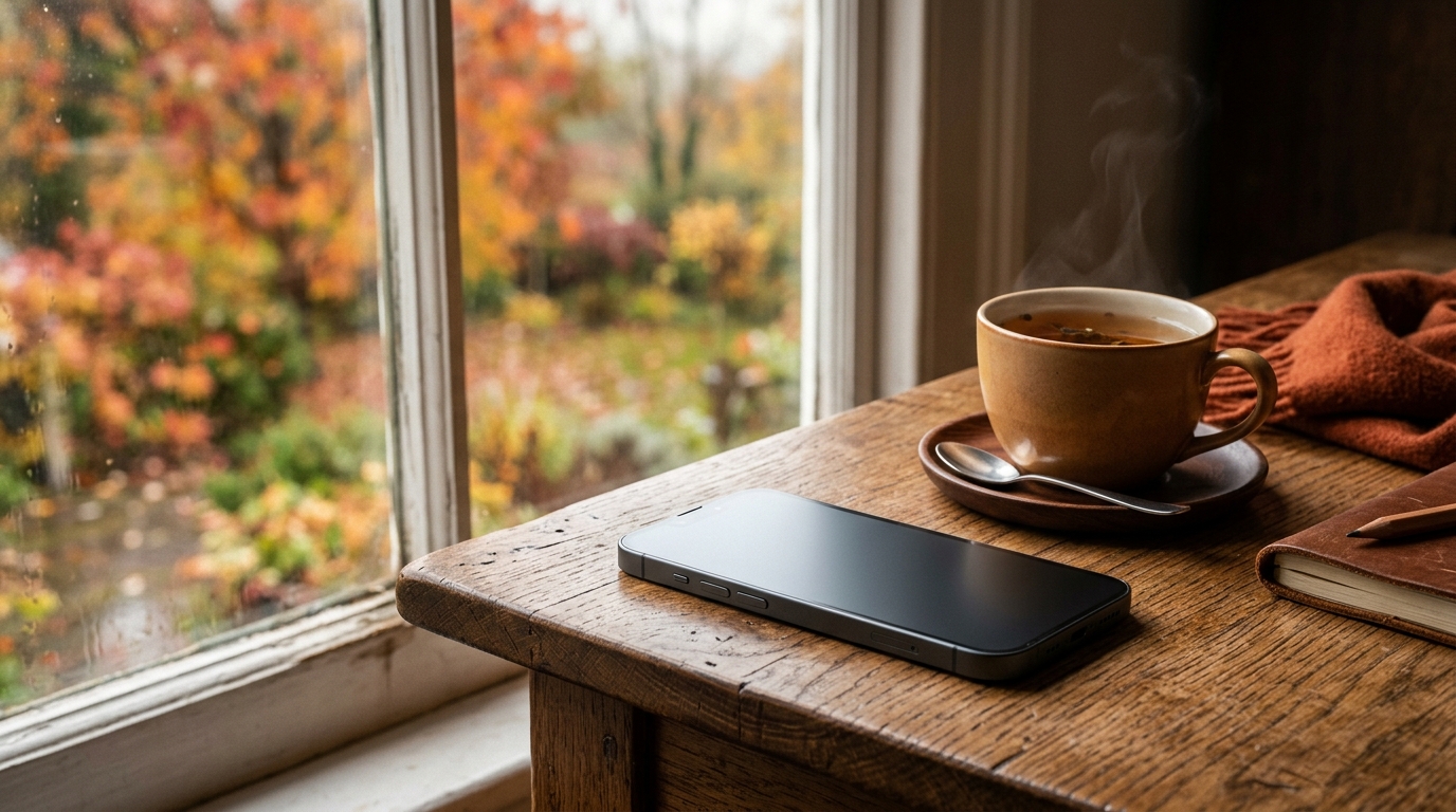 Smartphone posé sur une table près d'une tasse de thé