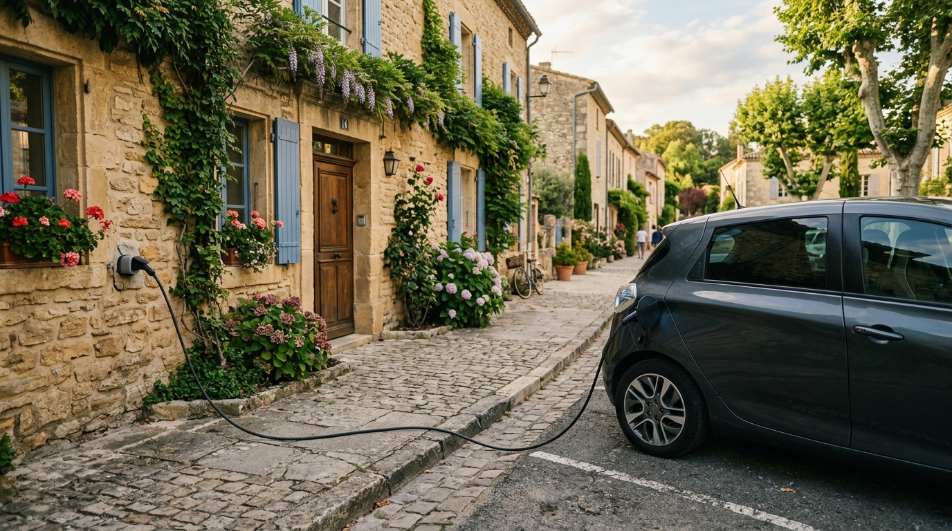 Câble de recharge reliant une façade à une voiture électrique