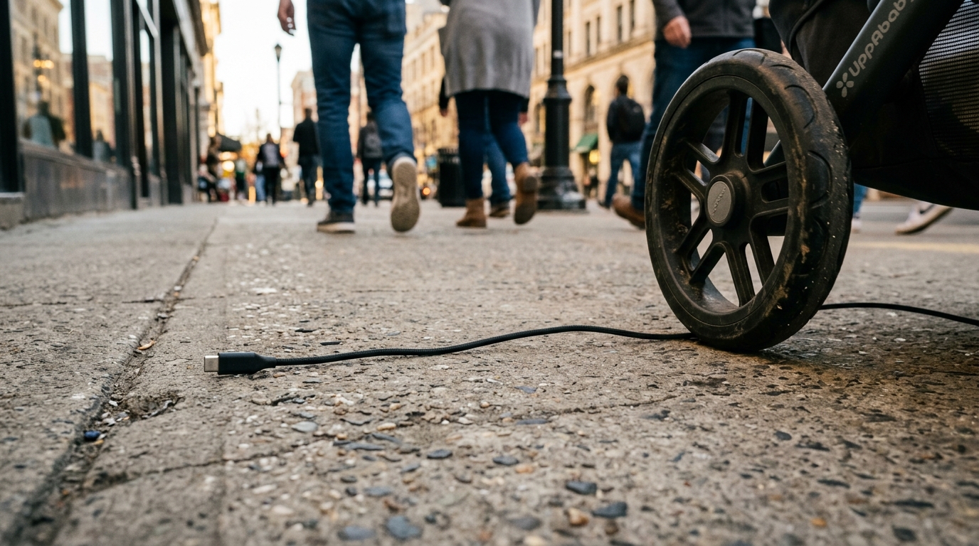 Câble noir en travers d'un trottoir devant une poussette