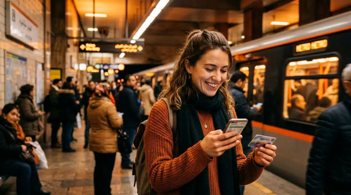 Une salariée consulte sa fiche de paie dans le métro