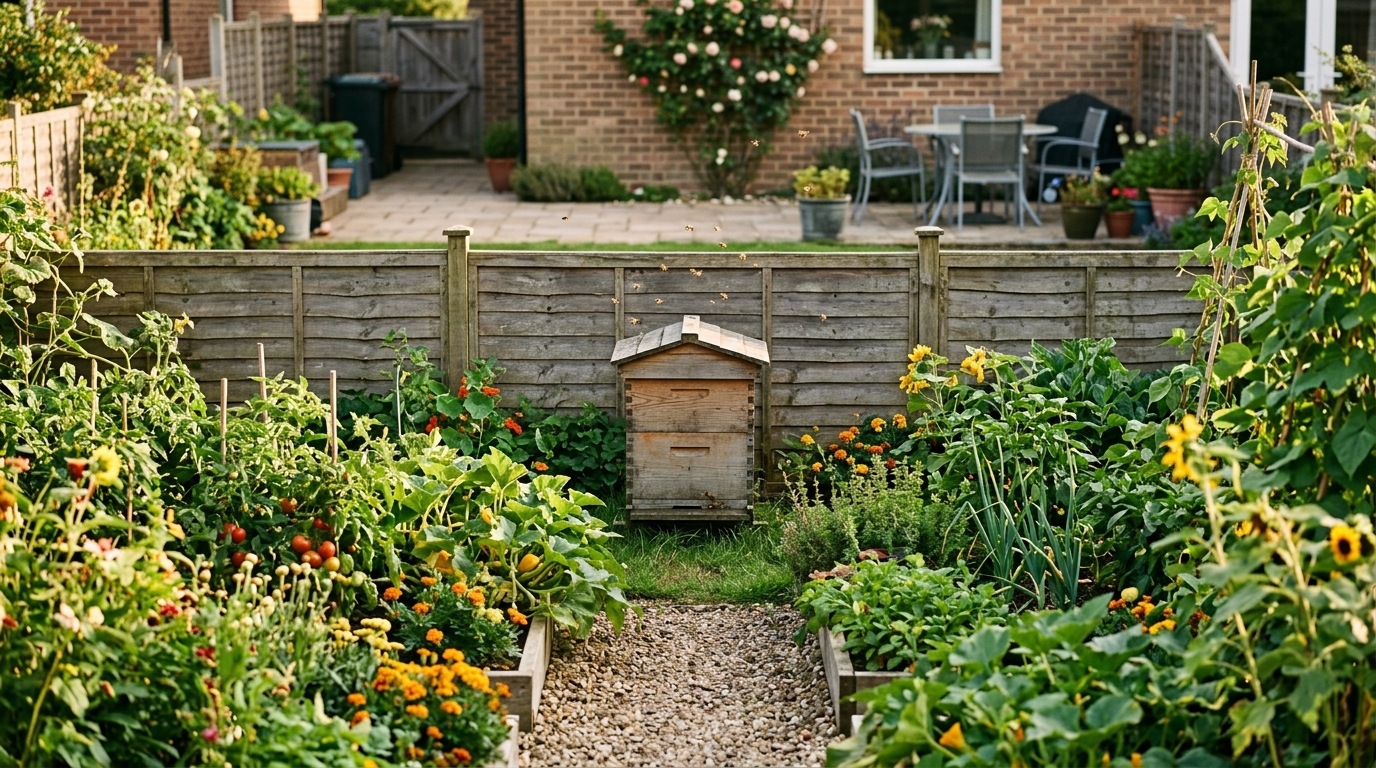 Ruche en bois au fond d'un potager près d'une clôture
