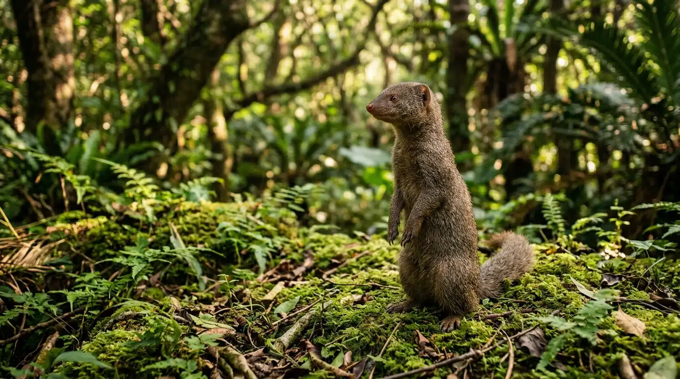 Mangouste attentive sur le sol d'une forêt subtropicale