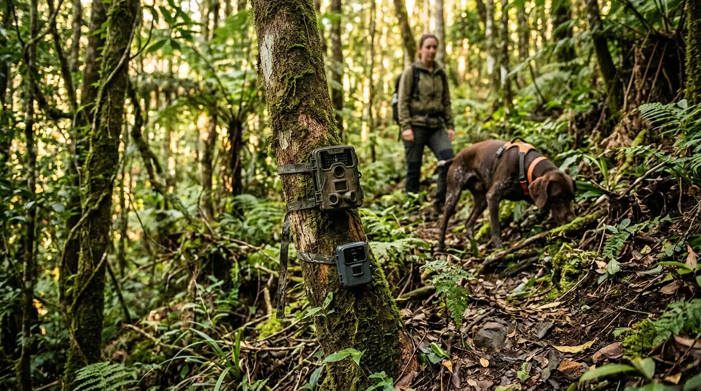 Piège et caméra automatique dans une forêt dense avec chien