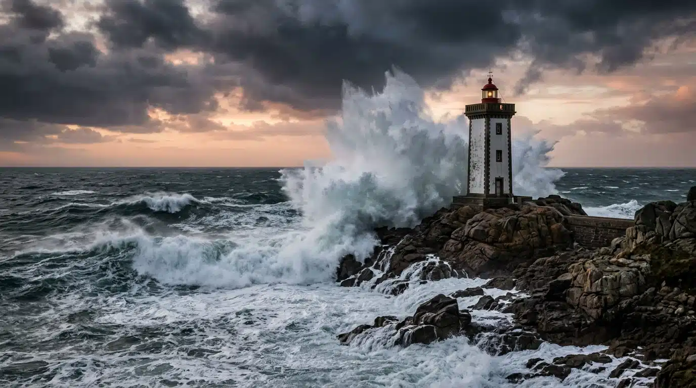 Vagues géantes sur une côte rocheuse bretonne en tempête
