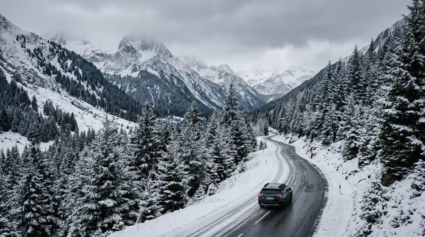 Premières neiges sur une route de montagne alpine