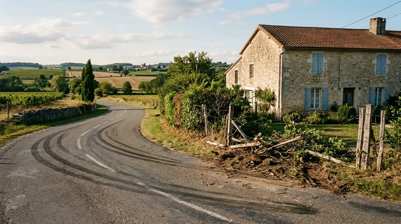 Virage de campagne avec clôture et haie abîmées