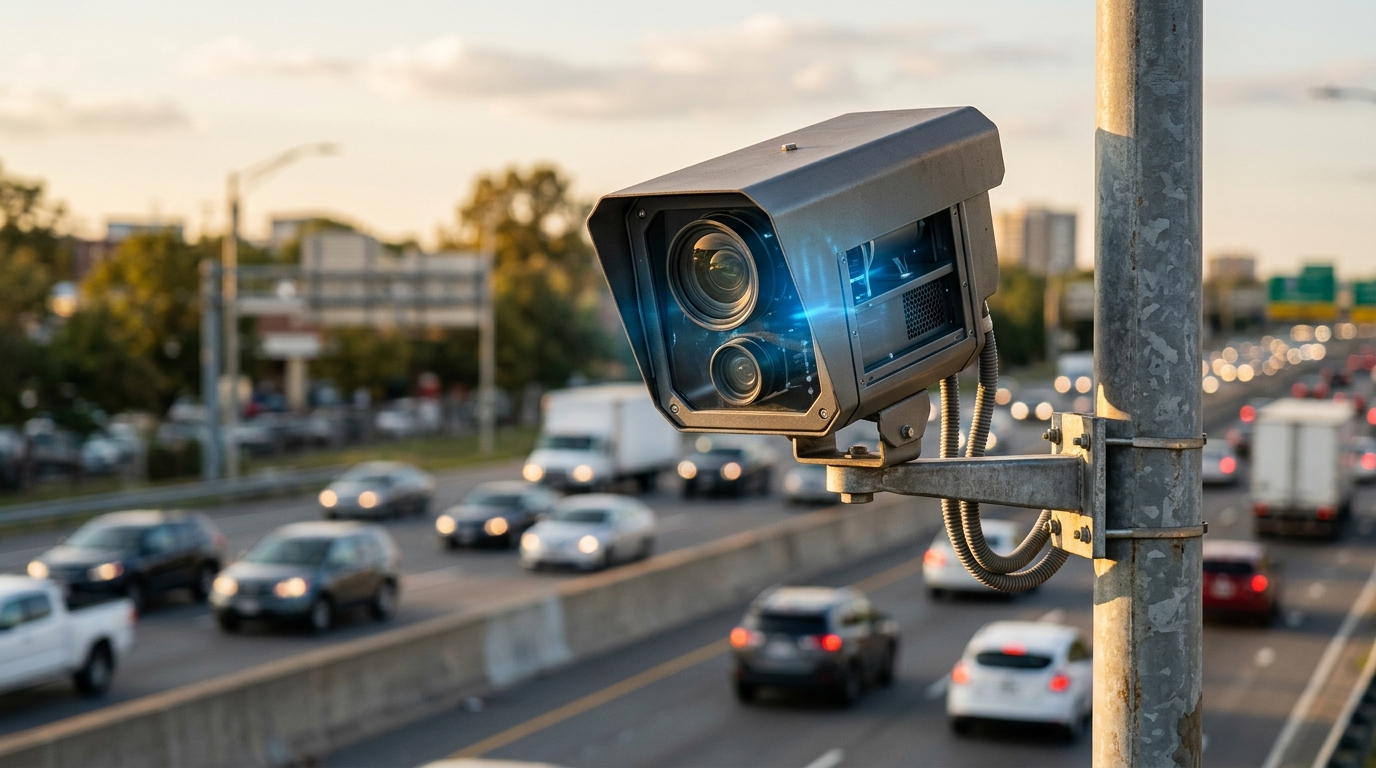 Caméra de surveillance routière sur un poteau, vue rapprochée