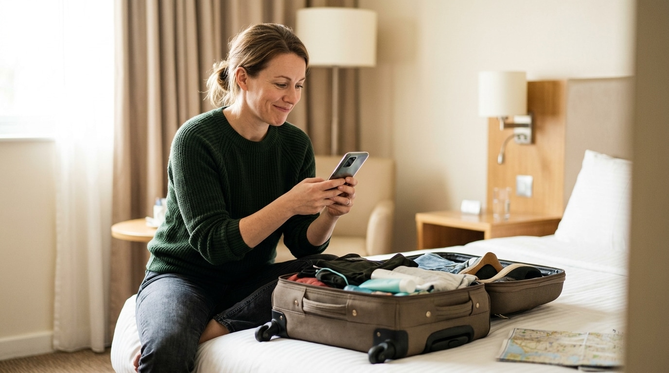 Voyageur hésitant devant une valise à moitié faite