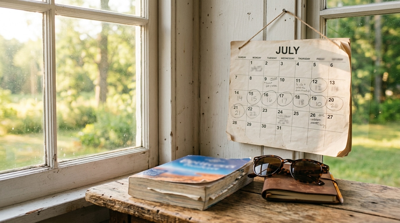 Calendrier d'été annoté près d'un guide et de lunettes de soleil