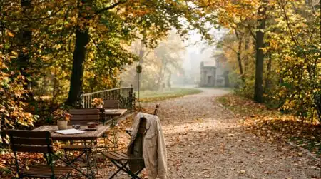 Terrasse de café ensoleillée dans un parc d'automne