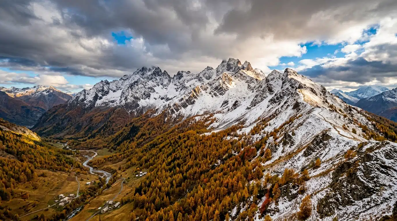 Sommet alpin enneigé surplombant une forêt dorée