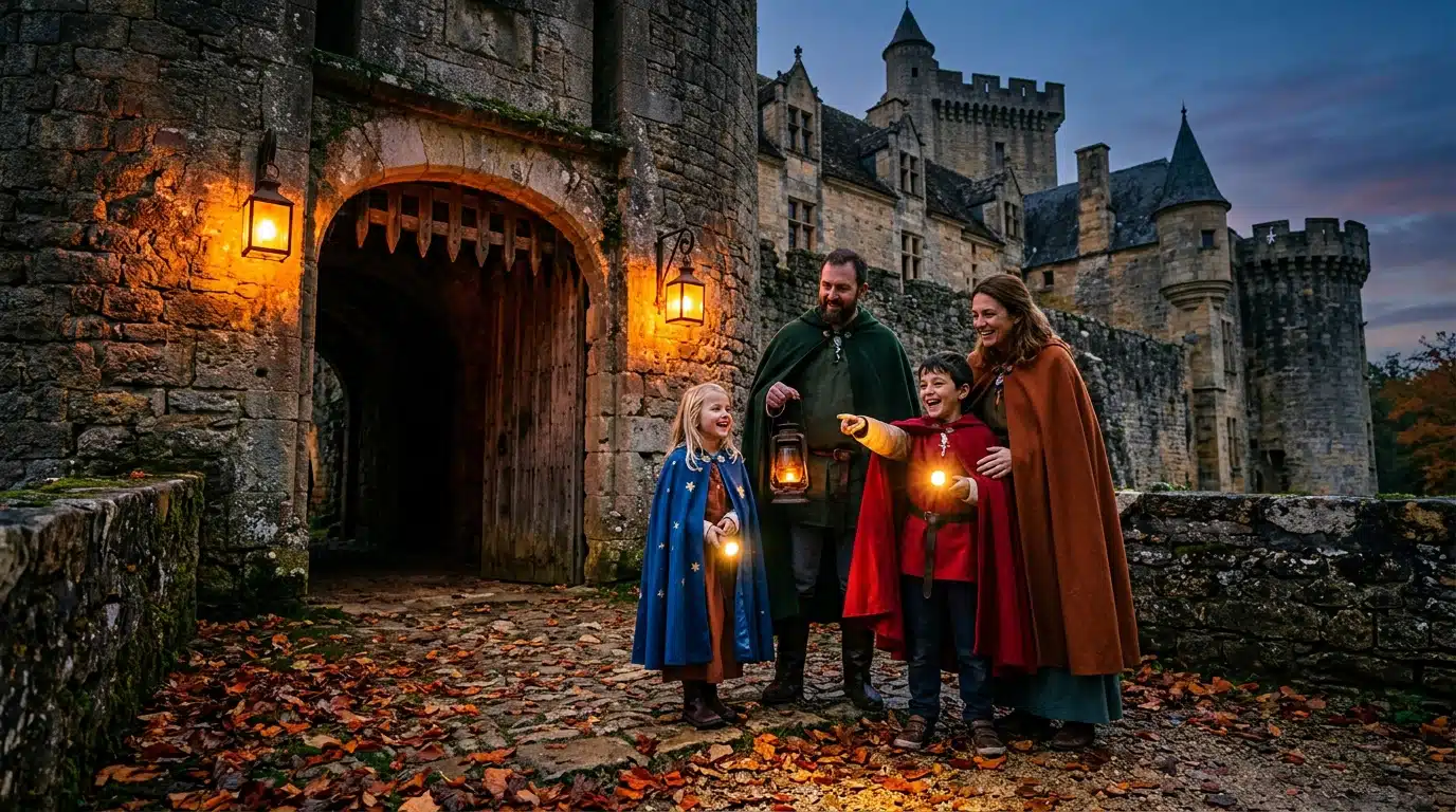 Famille en capes devant un château médiéval au crépuscule