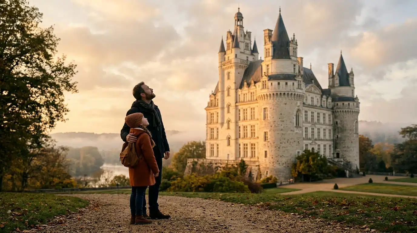 Père et fille devant les tours du château de Brissac