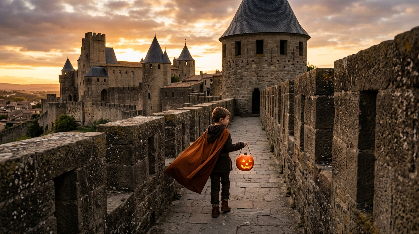 Enfant avec lanterne citrouille sur les remparts de Carcassonne