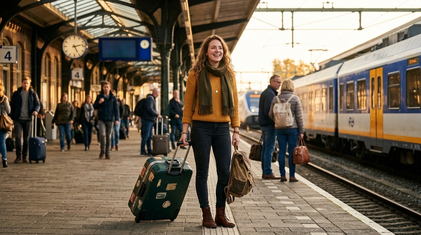 Femme joyeuse avec valise prête à partir en vacances