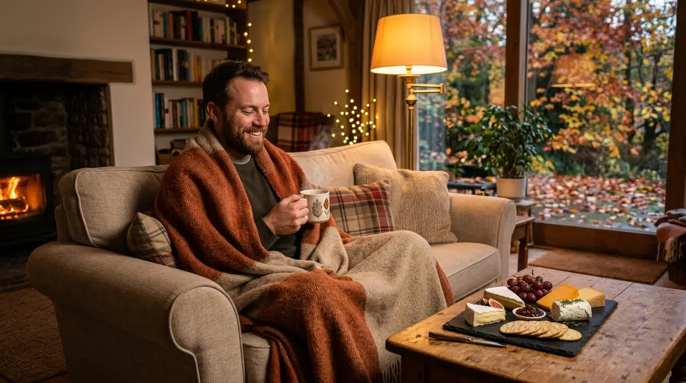 Homme détendu sur un canapé avec plaid et plateau de fromage