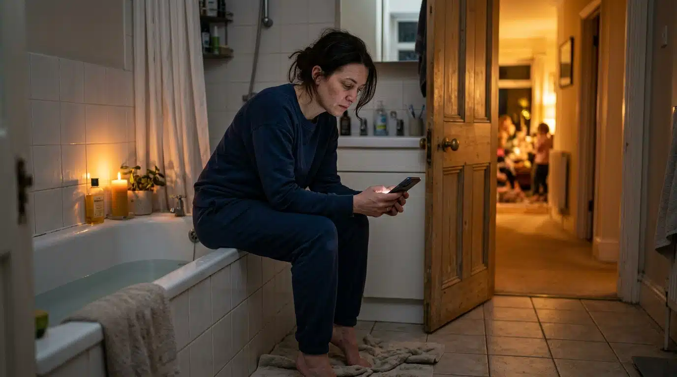 Femme épuisée réfugiée dans la salle de bain pendant les vacances