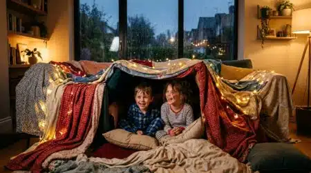 Enfants dans une cabane en draps au salon