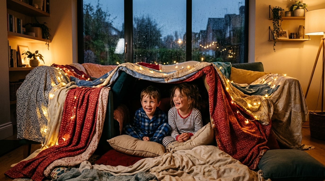 Enfants dans une cabane en draps au salon