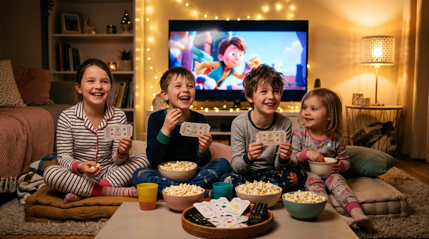 Cinéma maison avec pop-corn et coussins