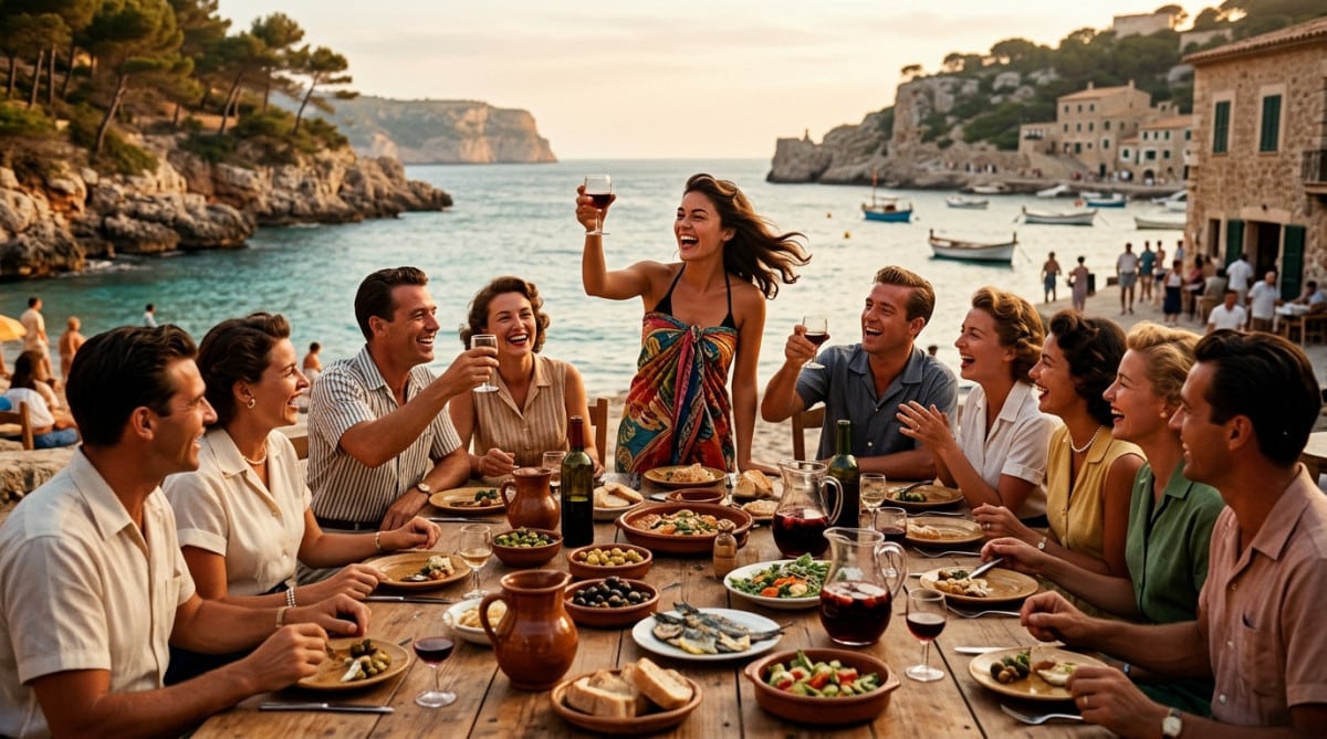 Vacanciers tutoyés autour d'une table commune en bord de mer