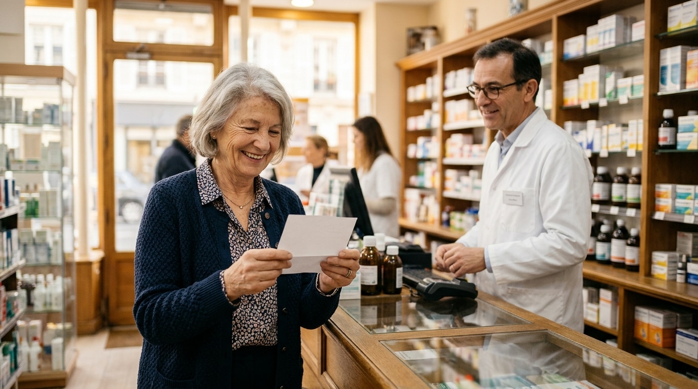 Femme âgée avec une invitation de vaccination en pharmacie