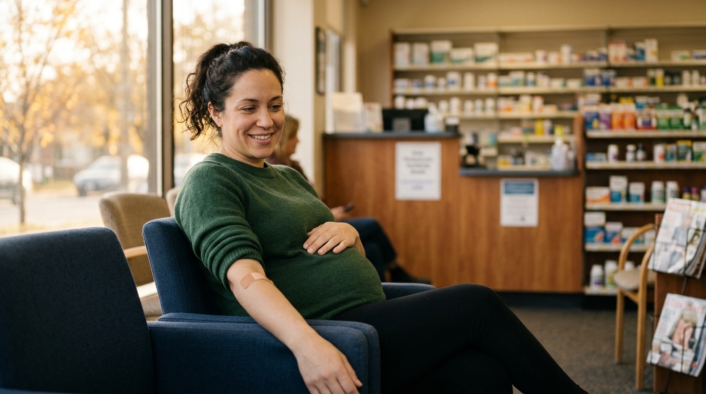 Femme enceinte avec un pansement après son vaccin en pharmacie