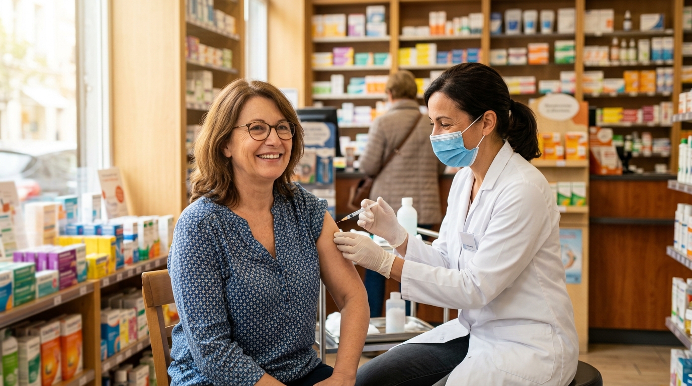 Femme se faisant vacciner en pharmacie par un pharmacien