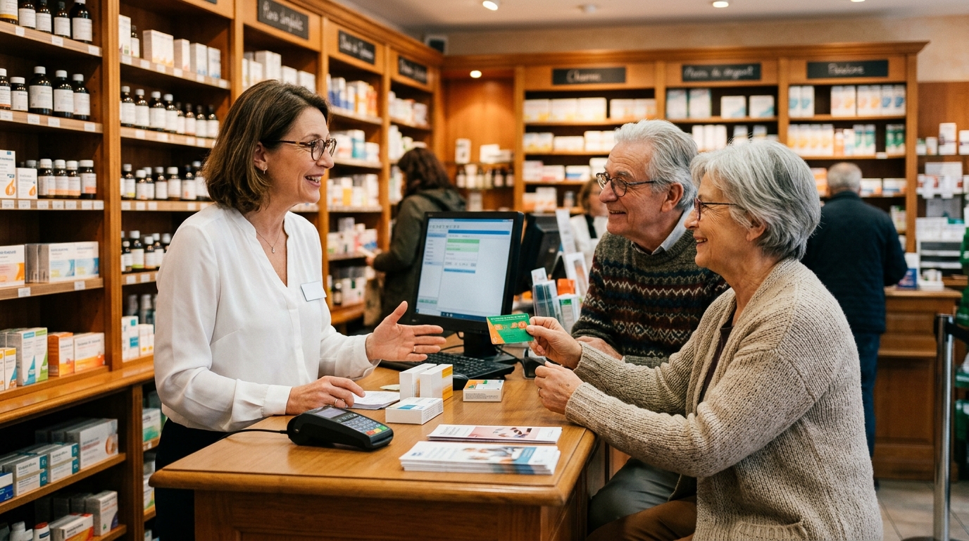 Couple de seniors discutant avec un pharmacien au comptoir