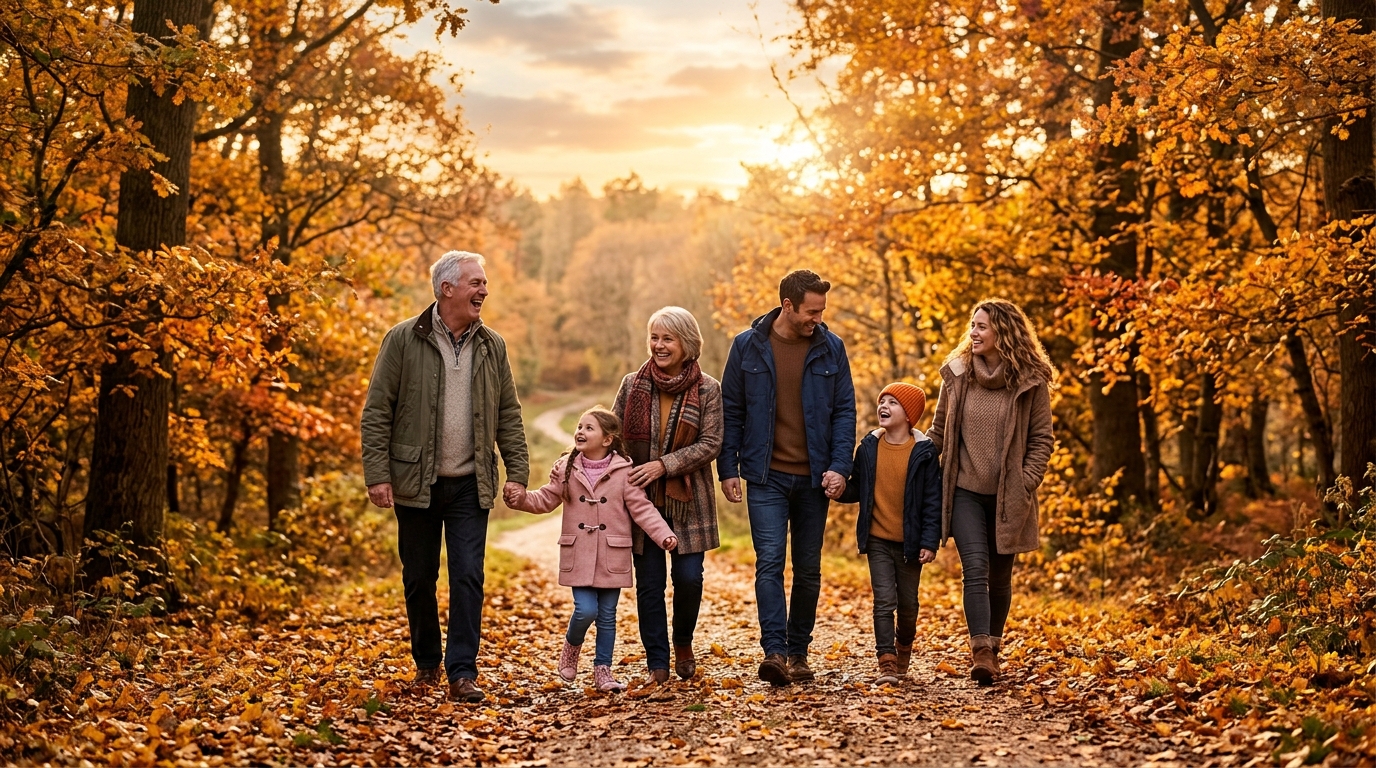 Famille se promenant en automne pendant les vacances