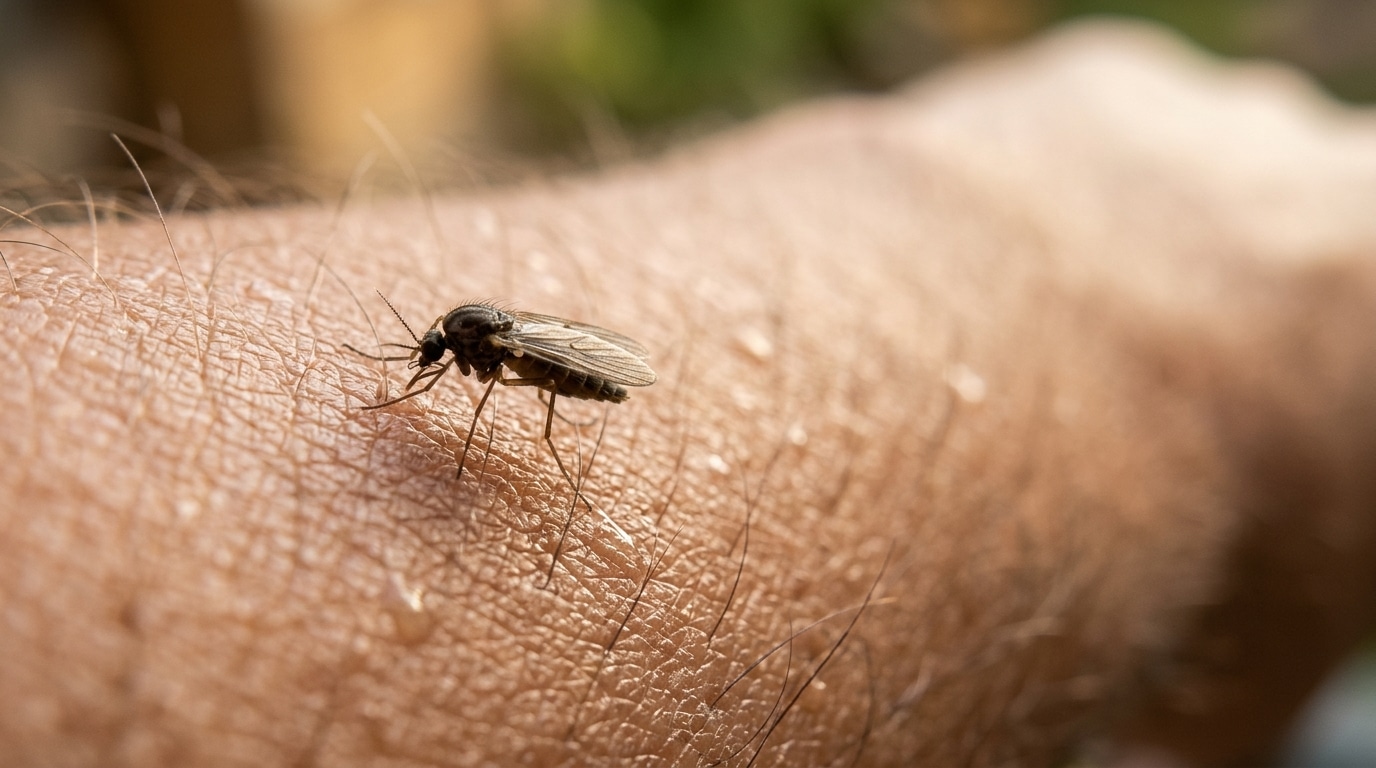 Moucheron piqueur posé sur une peau humaine en gros plan