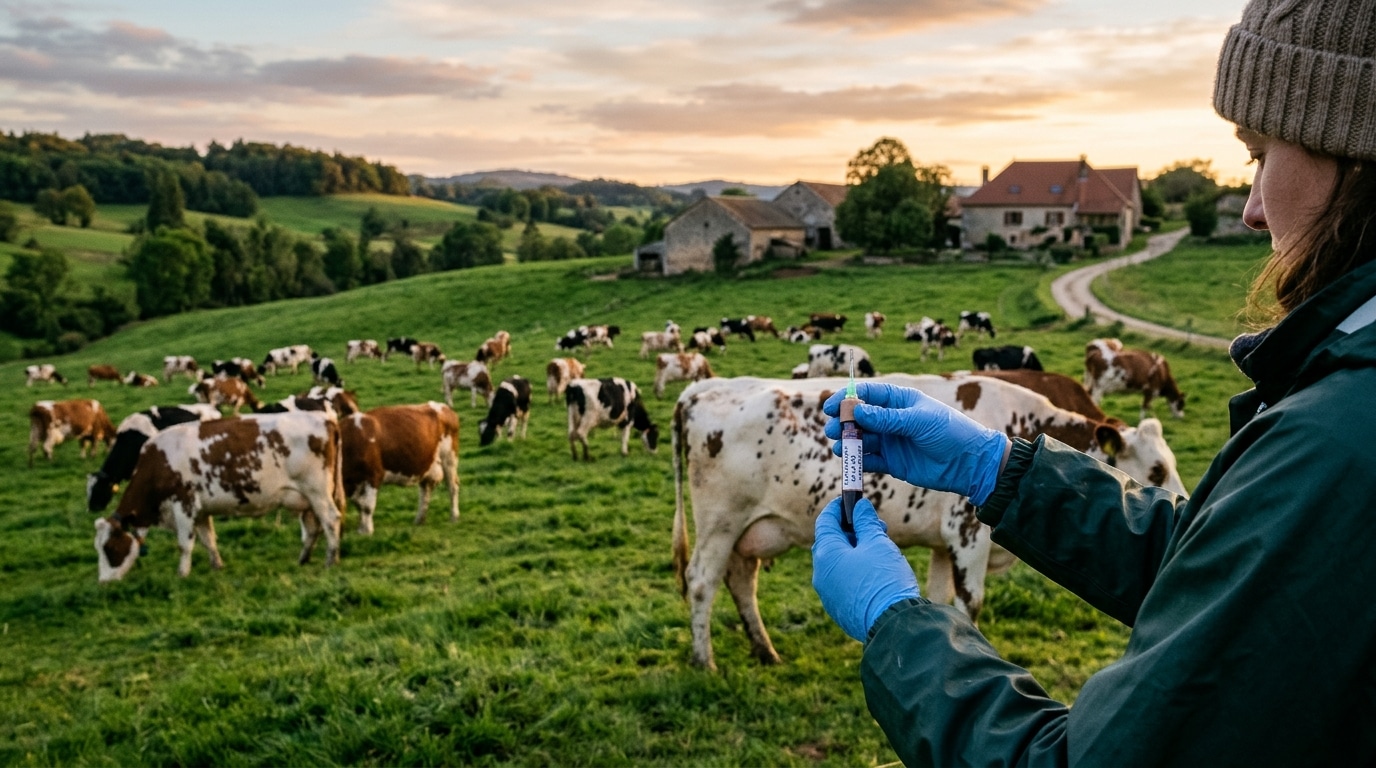 Vétérinaire tenant un tube de prélèvement devant des vaches laitières