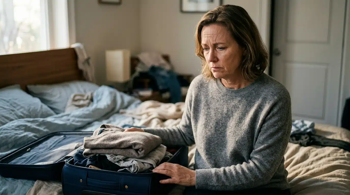 Personne déçue assise près d'une valise à moitié bouclée