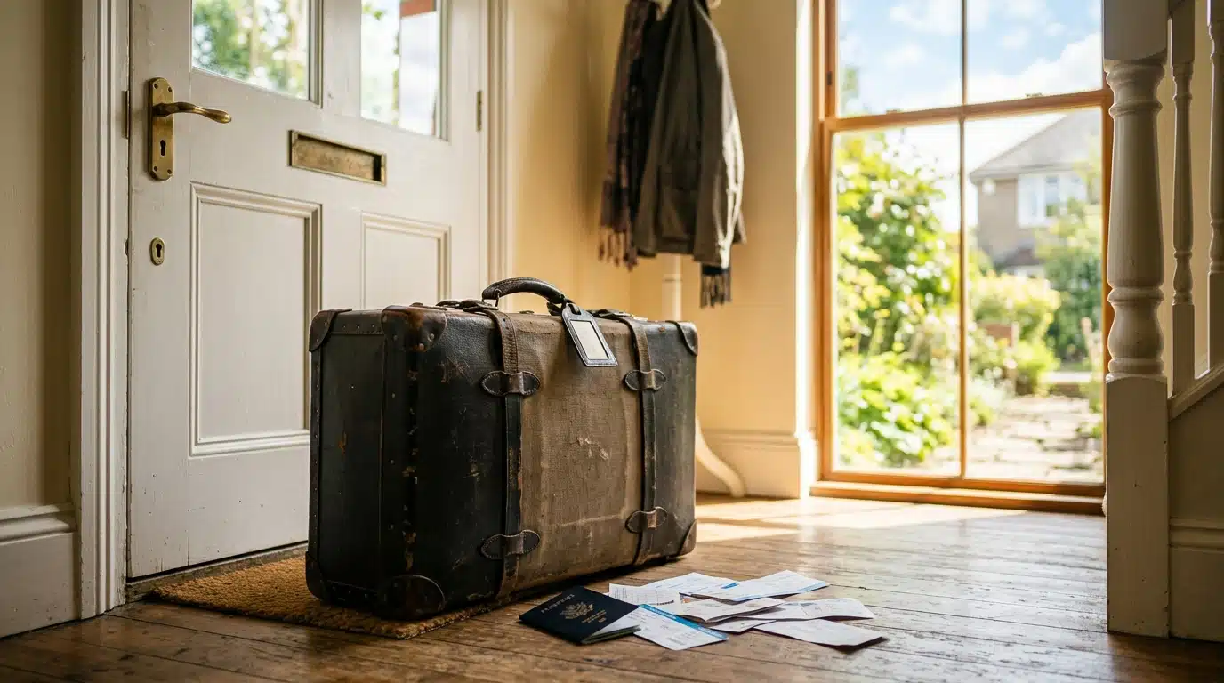 Valise abandonnée près d'une porte d'entrée ensoleillée