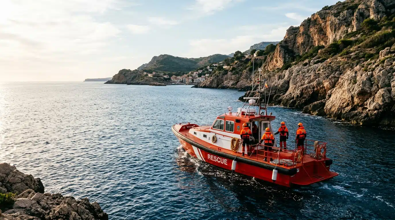 Bateau de sauvetage en mer près d'une côte rocheuse