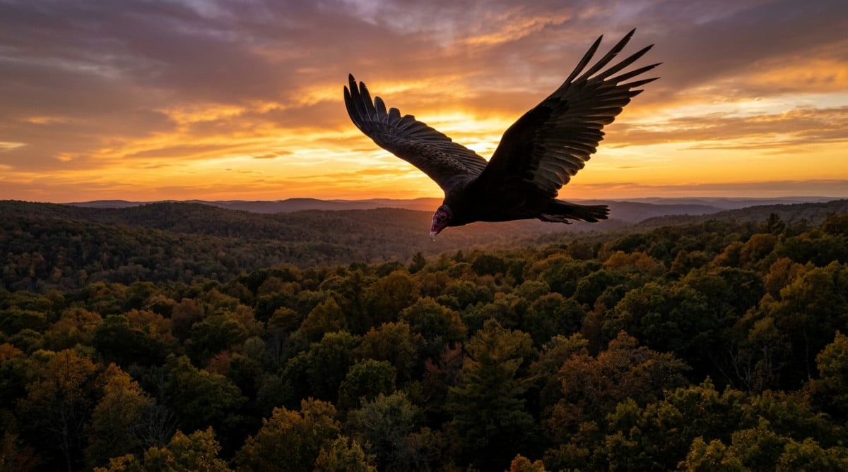 Vautour planant au-dessus de la forêt au coucher du soleil